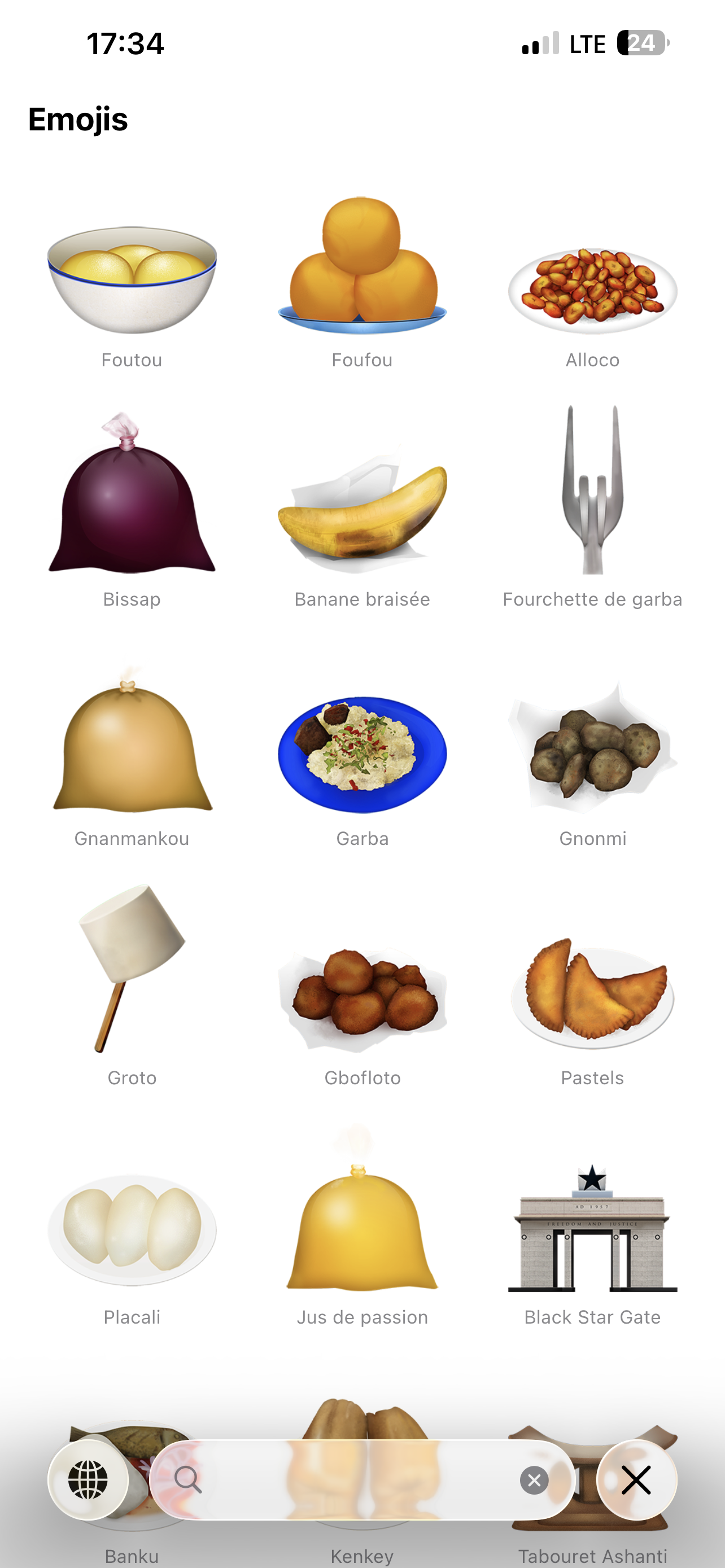 Emoji app screenshot showing African food emojis